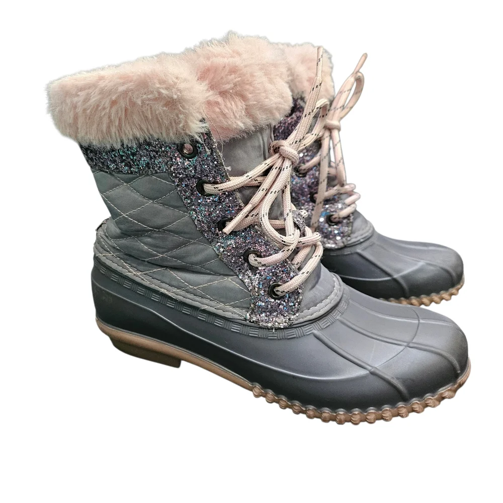 Alpine Woods Gray & Pink Fur-Lined Snowbunny Boots With Glitter Accents Sz3